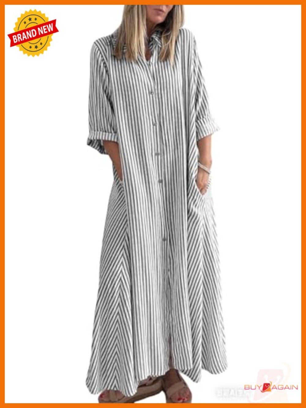 Boho Striped Maxi Shirt Dress 3/4 Sleeve Button Down Cotton